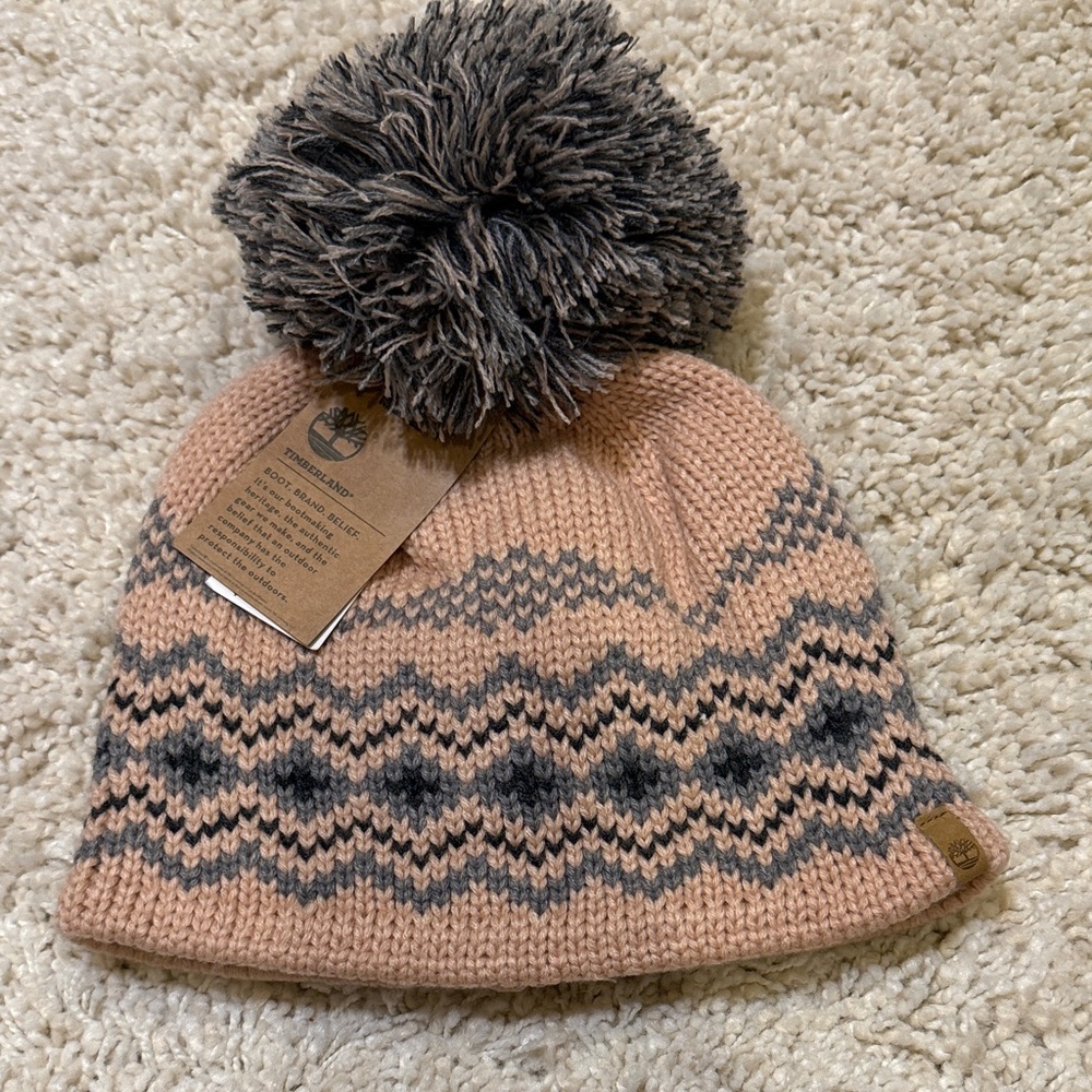 New women’s hat Timberland pink gray fleece warm winter one size puff ball